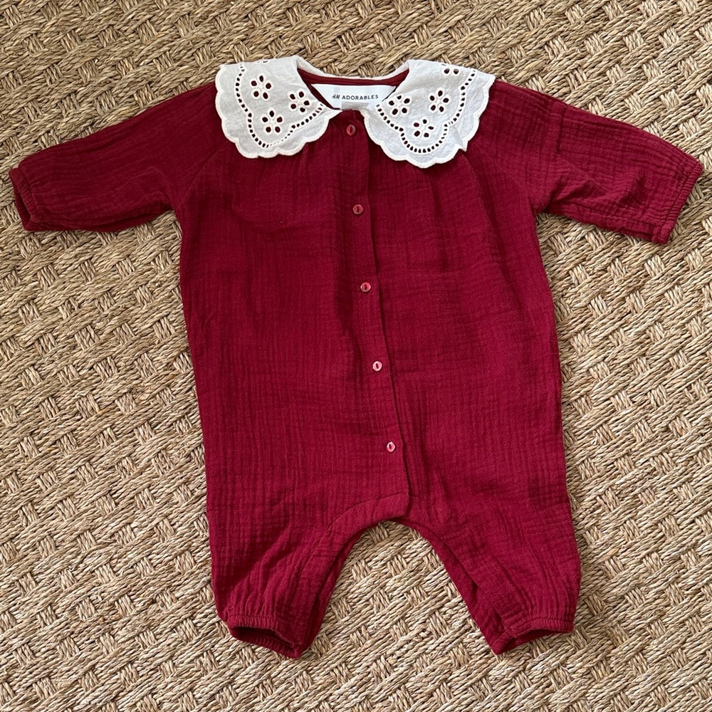 H&M Adorables Burgundy Baby Footie with Eyelet Lace Collar